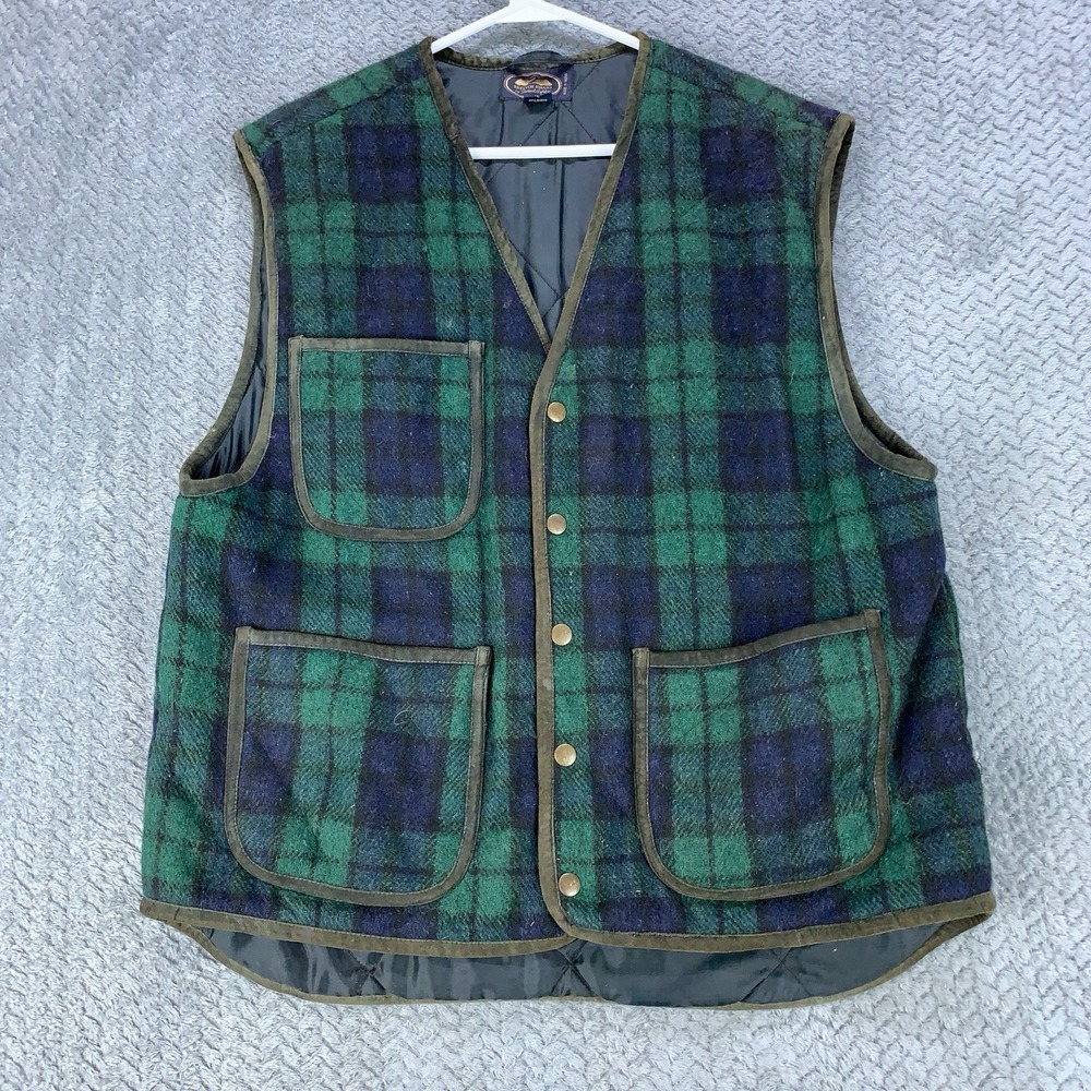 British Khaki Robert Lighton Vest Size Large Blackwatch Plaid Snap Buttons Flaw